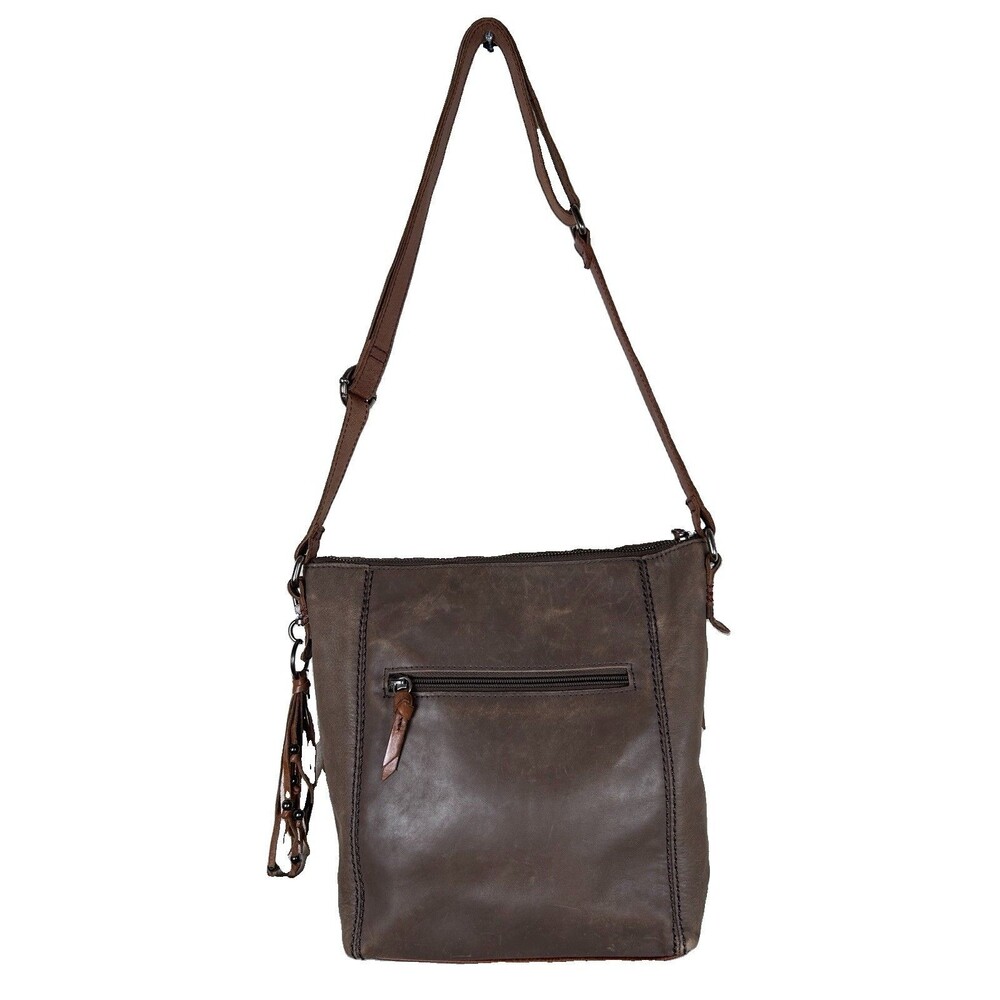 The Sak Ashland smoke/tan Leather Crossbody Shoulder Bag Tassel Zip Pockets